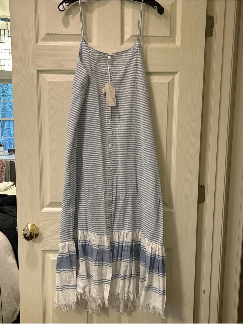 chic Blue and White Striped Maxi Dress with Tassel Tag